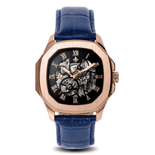 The Avalon Rose Gold + Blue Leather Croc Pattern Strap