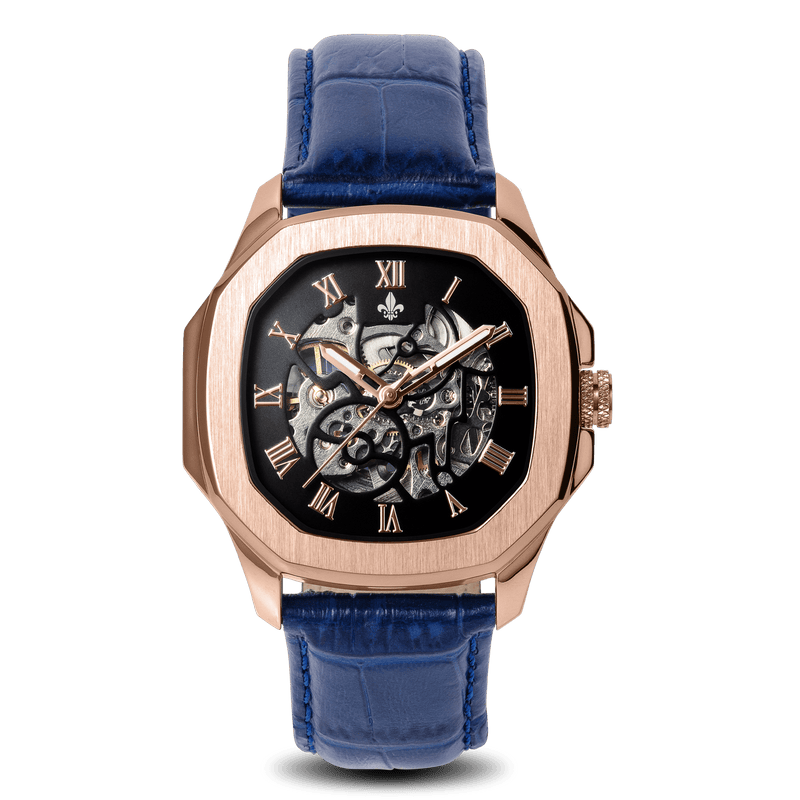 The Avalon Rose Gold + Blue Leather Croc Pattern Strap