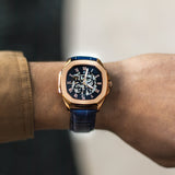 The Avalon Rose Gold + Blue Leather Croc Pattern Strap