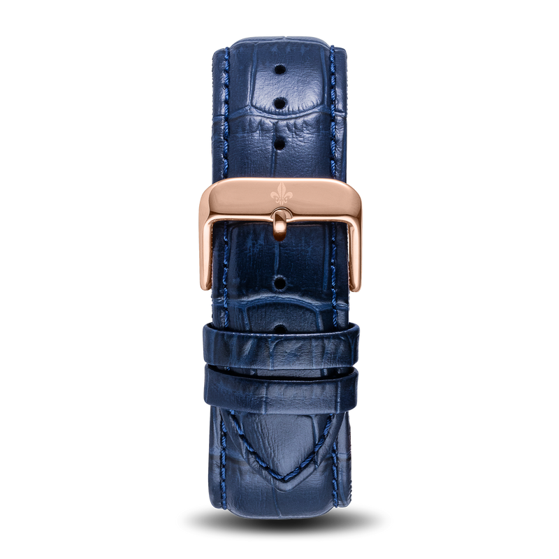 The Avalon Rose Gold + Blue Leather Croc Pattern Strap