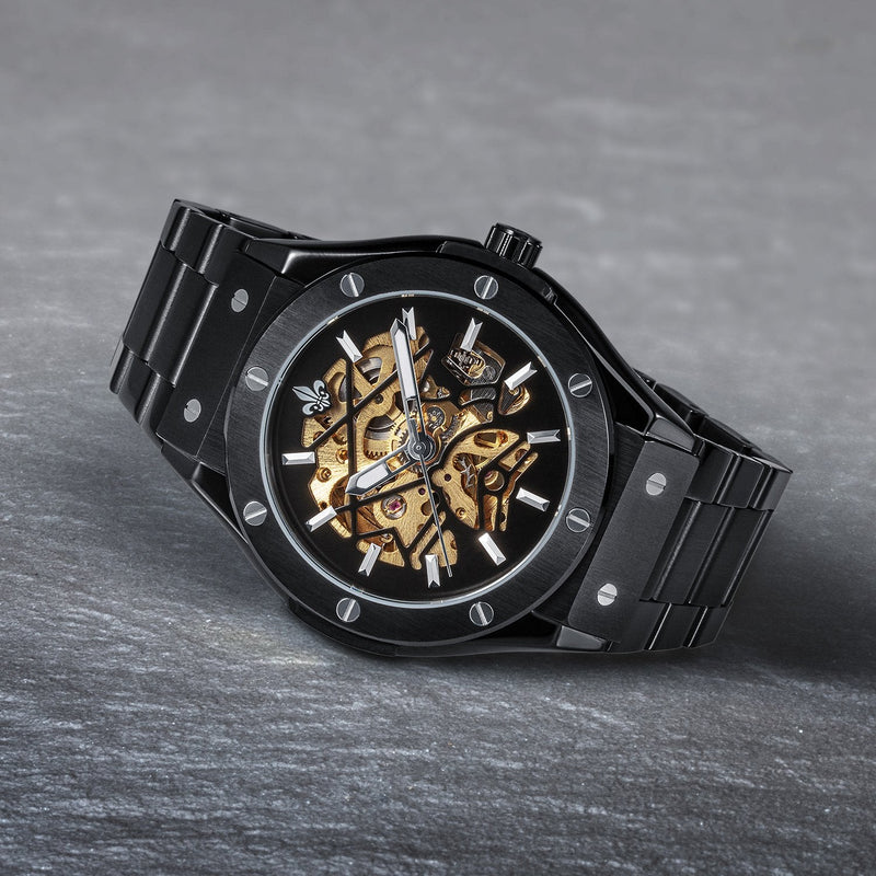 Prague Skeleton Automatic Deluxe - Black + Black Link Strap