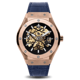Prague Skeleton Automatic Deluxe - Rose Gold + Blue Leather Strap