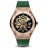 Prague Skeleton Automatic Deluxe - Rose Gold + Green Leather Strap