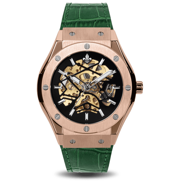 Prague Skeleton Automatic Deluxe - Rose Gold + Green Leather Strap
