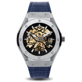 Prague Skeleton Automatic Deluxe - Silver + Blue Leather Strap