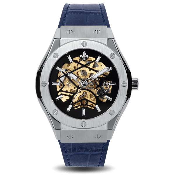Prague Skeleton Automatic Deluxe - Silver + Blue Leather Strap