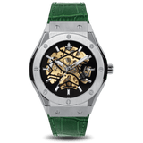 Prague Skeleton Automatic Deluxe - Silver + Green Leather Strap