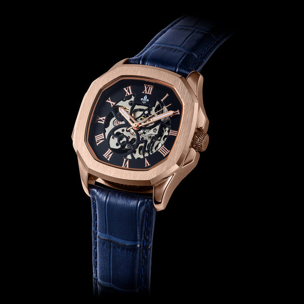 The Avalon Rose Gold + Blue Leather Croc Pattern Strap
